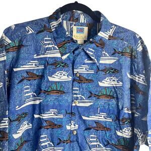 Kahala Hawaiian Islands‎ Shirt Men's XL Blue Boat Swordfish 100% Cotton (D472)